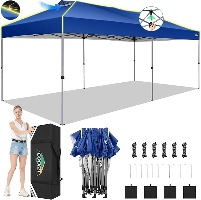 Image of COBIZI 10x20 Pop Up Canopy Tent, Outdoor Party Tent Without Sidewall One Push Setup Glow, 3 Adjustable Height Air Vent Waterproof UPF50+, Bag, 4 Sandbag, 6 Stake, 12 Rope for Beach, Commercial
