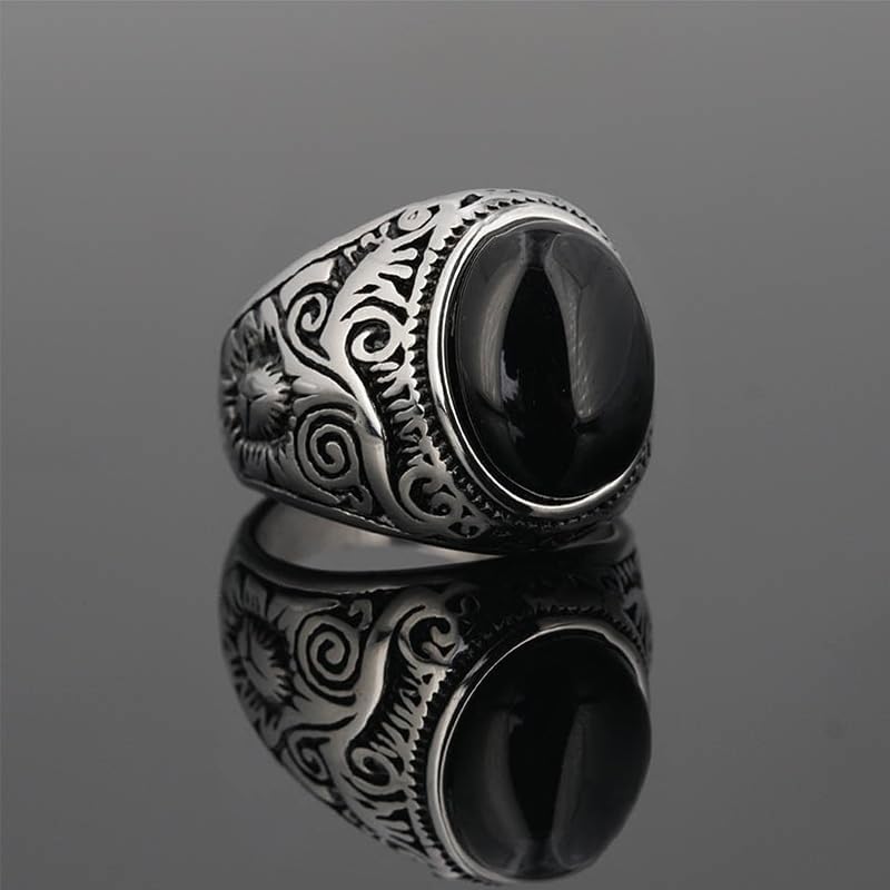 Black Onyx Ring for Men, Men Silver Stainless Steel with Black Onyx Stone，Intricate Filigree Accents, Vintage-Inspired Design, Size 8-12 - Image 2