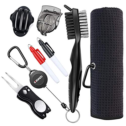 EZESTER 7 in 1 Golf Accessories Tool Set,Retractable Golf Club Groove Cleaner Brush,Foldable Golf Divot Tool,Microfiber Waffle Pattern Golf Towel,Golf Ball Line Marker Tool,Golf Ball Marker Pen