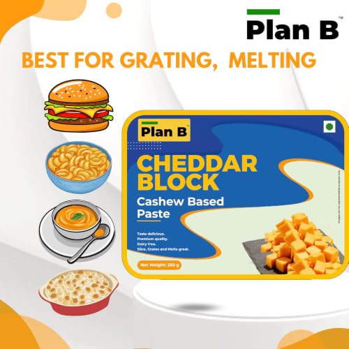 Image of Plan B Plant-Based Cheddar Cheese Block-Pack Of 2(250 g each) | Dairy-Free, Lactose-Free, Ideal for Melting, Grating & Cooking - Made with Cashews - Delicious Cheese Alternative
