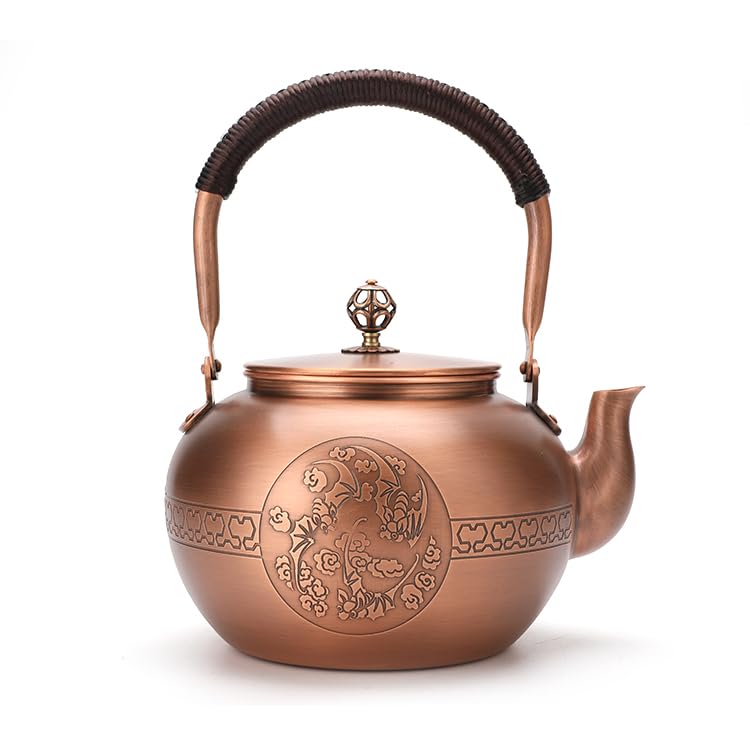 Kuiwisen Handmade Apple Shape Copper Kettle Teapot Copper Stovetop Kettle Teapot 1.5mm Thick Pure Red Copper Handmade, 1600 ml - 1.98bl (Pattern 1 - Blessing)