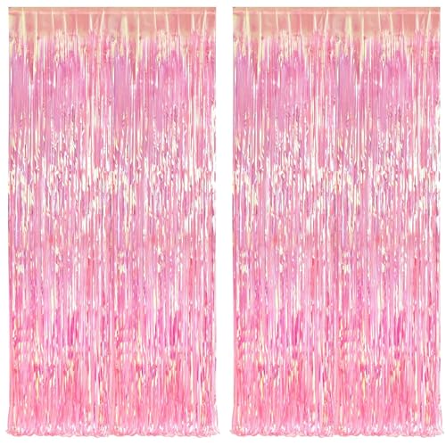 Image of KatchOn, XtraLarge Pink Streamers - 3.2x8 Feet Pack of 2 | Iridescent Backdrop for Pink Party Decorations, Slumber Party Decorations | Birthday Decor for Women, Bachelorette Party Bridal Shower