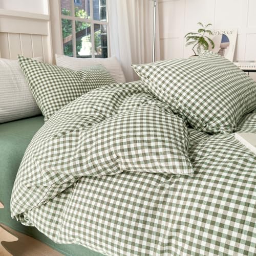Image of LifeTB Green Gingham Comforter Set Full Size Boho Plaid Checkered Pattern Comforter Geometric Grid Plaid Printed Bedding Comforter Set with 2 Pillowcases Fluffy Soft Gingham Bedding Set Full Size