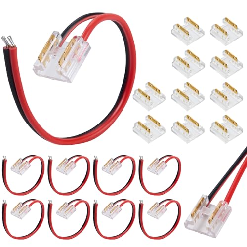 20PCS HFACOWK Premium LED Strip Connectors, Transparent Solderless 2 Pin 8mm LED Light Connector W/10PCS 5.9in Wires, for 12V/24V Single Color COB/SMD LED Lights Strip