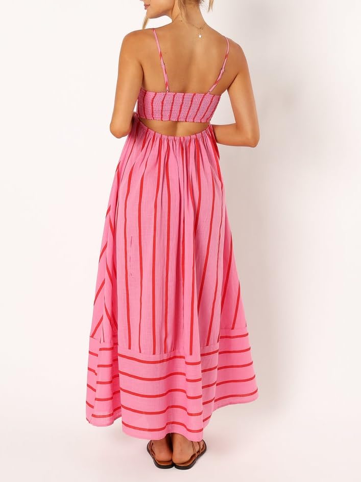 Image of Women Striped Maxi Dress Smocked Backless Spaghetti Strap Long Flowy Dress Sleeveless Boho Aline Sundress