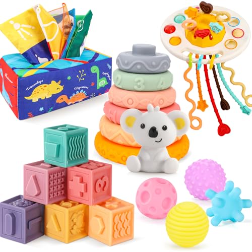 Gontence Brinquedos para bebés, 5 em 1 brinquedos para crianças de 1 ano, brinquedos Montessori, brinquedos sensoriais bebé bolas sensoriais | blocos empilháveis, caixa de lenços para bebé, presente