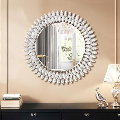Image of 26 Inch Round Mirrors for Wall Decor, Luxury Diamond Entryway Mirrors for Wall, Silver Decorative Mirror for Living Room, Bedroom, Bathroom, Dining Room, Fireplace