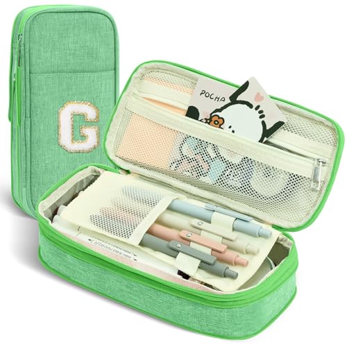 Image of Preppy Pencil Case for School Supplies, Large Initial Pencil Pouch with Zipper, Cute Pencil Bag for Office Supplies, Aesthetic Pen Case Box for Kids Teen Girls Women - G(Green)