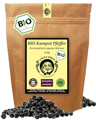 UNCLE SPICE® BIO fermentierter Kampot Pfeffer - 120g echter BIO Kampot Pfeffer fermentiert - Premiumqualität - ganze frische Pfefferbeeren, grüner BIO Pfeffer fermentiert aus Kambodscha, DE-ÖKO-005