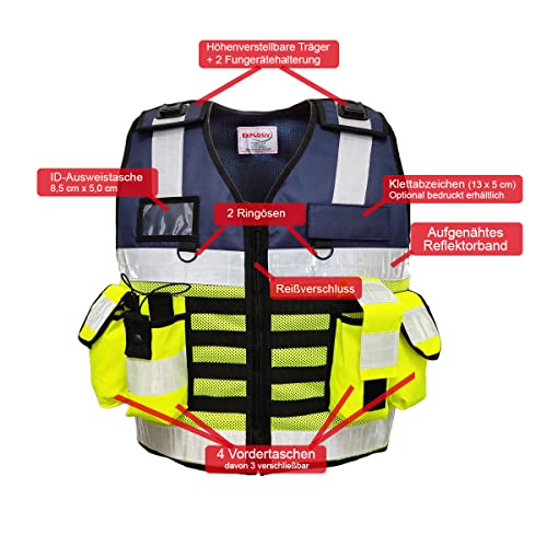EXPLOSIV Reflektierende Multi-Taschen Security Sicherheitsweste, Größe M-2XL (verstellbar), navy-yellow (Hundeführer)
