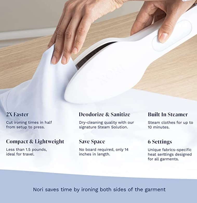 The Nori Clothing Care Bundle includes a Compact Iron & Steamer and a Rechargeable Fabric Shaver & Lint Remover. Perfect for pressing, steaming, and refreshing clothes with ease (White)