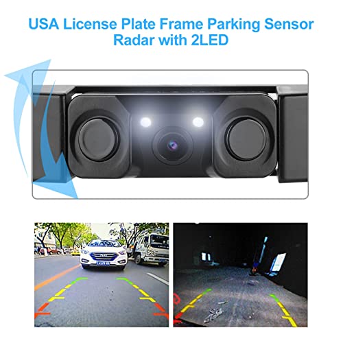 Image of 3 in 1 Car License Plate Frame Parking Sensor Rearview Reverse Backup Camera 2LED with 120 Degree Wide Angle, for Standard USA License Plates, Easy Installation
