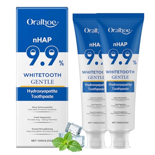 Pasta de dientes de hidroxiapatita 9,9 %, pasta de dientes sin flúor para dientes sensibles, limpieza suave y profunda, fortalecimiento del esmalte dental, sabor a menta fresca (2 unidades)