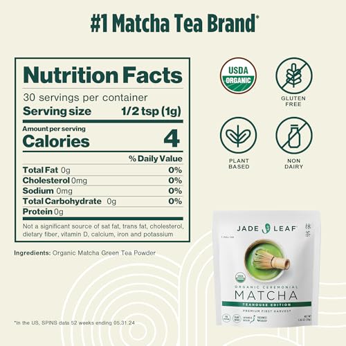 Image of Jade Leaf Matcha Organic Ceremonial Grade Matcha Green Tea Powder - 100% Pure Japanese First Harvest Green Tea for Ceremonies, Usucha, Lattes 30g / 1.06 Oz Pouch (Pack of 1)