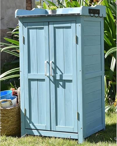 Outdoor Potting Bench with Metal Tabletop, Wooden Planting Table Potting Stand Double Doors Garden Potting Table with Adjustable Shelf for Backyard, Patio, Law