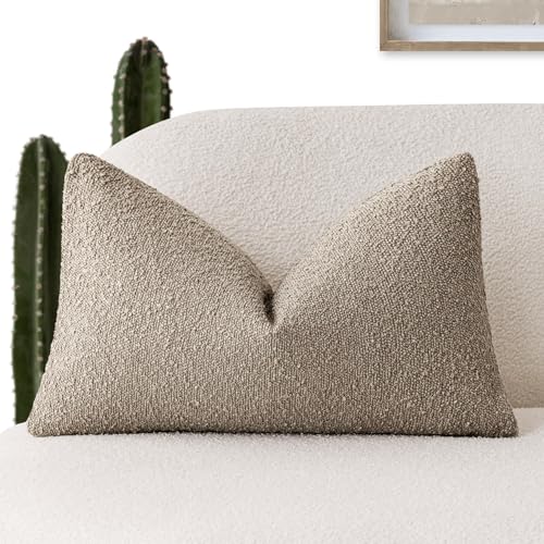 Image of Foindtower Decorative Textured Boucle Throw Pillow Covers Accent Solid Lumbar Pillow Cases Neutral Cozy Couch Cushion Case for Chair Sofa Bedroom Living Room Home Decor 12x20 Inch,1PC,Light Khaki Tan