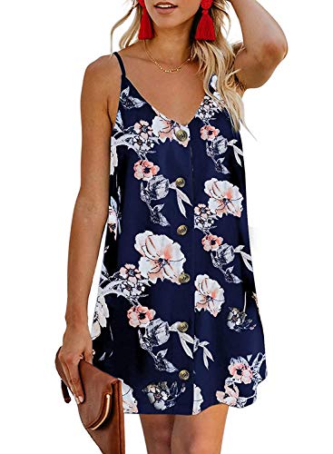 Yidarton Robe Femme Été Bretelles Boheme Robe de Plage Imprimé sans Manches Chic Robe Mini (L, Marine)