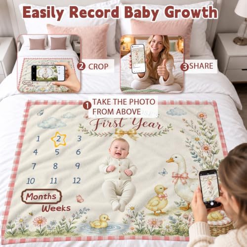 Silly Goose Baby Monthly Milestone Blanket, Pink Cottagecore 1-12 Months Photo Backdrop Newborn Photo Prop, Vintage Farm Nursery Blanket for Girls Baby Shower Machine Washable 50x40 Inch — 사진 5