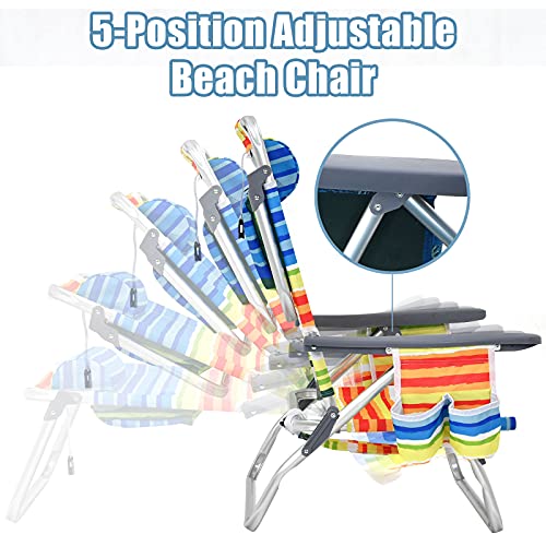 Image of Giantex Folding Beach Chair, Patio Sling Chairs with 5 Adjustable Position, Head Pillow, Storage Bag, Towel Bar, Cup Holders, Backpack Chairs for Sunbathing, Camping Chair