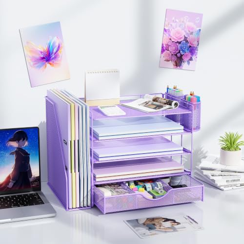 Image of gianotter 5-Tier Desk Organizer with Drawers and File Holders | Letter Trays and Pen Holders - Workspace Accessories for Office Supplies (Light Purple)