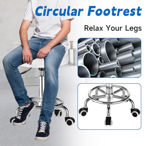 Image of Round Rolling Stool: Adjustable Height, 360Smooth Swivel, Stool with Wheels and Footrest, PU Leather, Rolling Stool Chair Compact for Massage, Tattoo, Salon Stool Weight Capacity 300LBS (White)