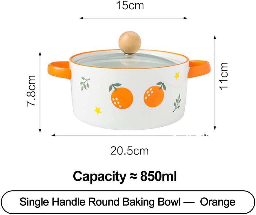 Dxcaicc Lasagne Dish Ceramics Round Creative Fresh Fruit Pattern Double-Handled with Lid Soup Pot on Birthday Wedding Parties Christmas New Year's Day,Orange