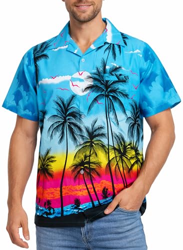 KING KAMEHA Men's Beach-Shirt Short-Sleeve Casual-Button-Down Hawaii-Vacation, Beach, Turquoise, XL