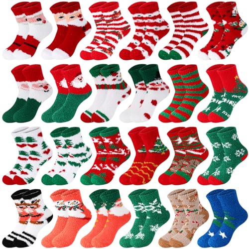 Suhine 48 Pairs Christmas Fuzzy Socks Colorful Cozy Fluffy Christmas Socks Holiday Winter Warm Soft Slipper Socks Women Kids