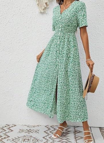 Women's Summer V-Neck Boho Floral Print Midi Dress Button Up Slim Beach Vacation Casual Midi Dress3