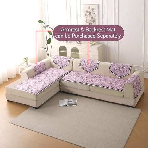 Image of HOKIPO 'Florentina Series' Foam Filled Holland Velvet L Shape (2+2 Seater) Sofa Cover Seat Mat with Anti-Slip Backing, Peony Lavender (IN-879+880-V6)
