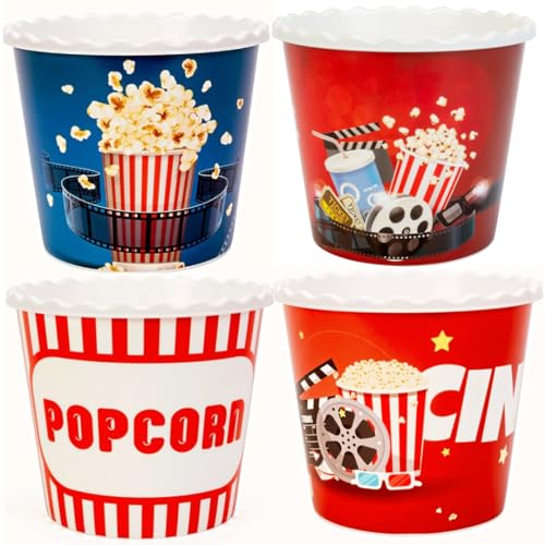 Modern Style Reusable Plastic Popcorn Box/Popcorn Containers/Popcorn Bowls Set for Movie Theater Night - (BPA Free - 4 or 6 or 8 Pack - 75 oz) (Popcorn Mix L)