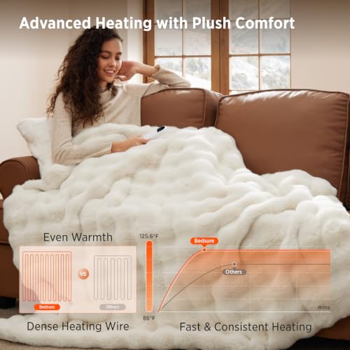 Image of Bedsure Bubble Faux Fur Heated Blanket Electric Throw XL, Coconut White