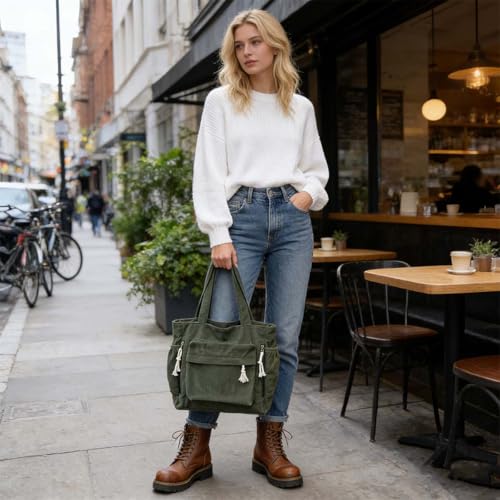 Bolsa Tote de pana verde para mujer con gran capacidad miniatura 2