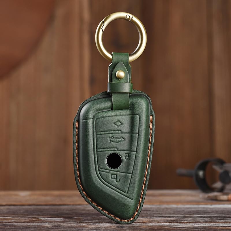 HIBEYO Keyless Car Key Case Fits BMW 1 Series 2 Series 3 Series 4 Series 6 Series 7 Series X1 X2 X3 Protective Case Remote Control Leather Key Case Cover Key Case with Key Fob 4 Buttons Green - Image 3