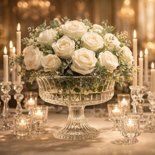 Cuenco de fruta grande de cristal con pie – Ensaladera decorativa con diseño en relieve