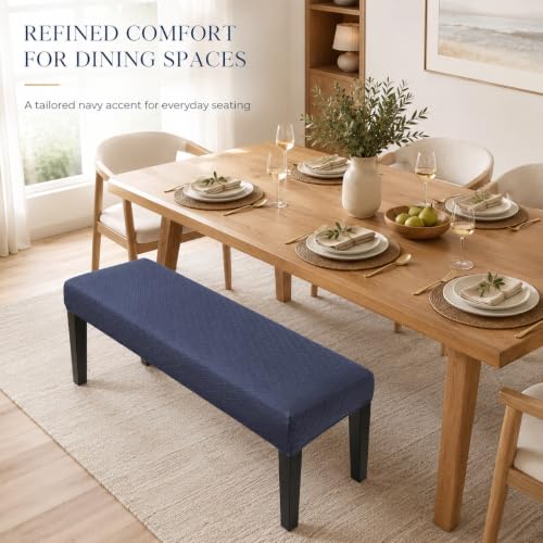 Image of Street27 High Stretch Jacquard Dining Bench Cover Elastic Chair Covers - Anti-Dust Removable Bench Slipcover Washable Bench Seat Protector Cushion Cover for Living Room, Bedroom, (Navy Blue)