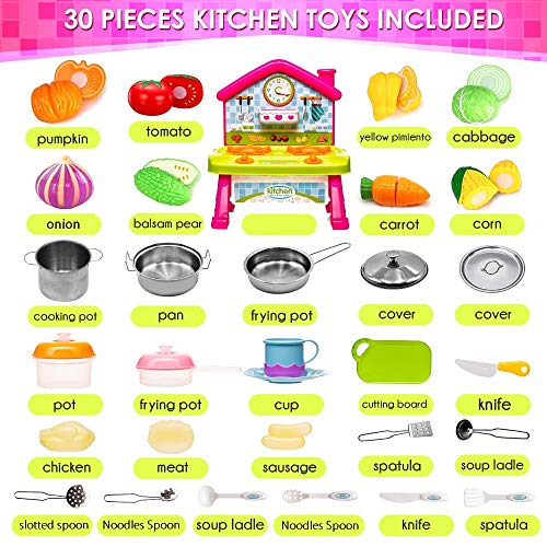 Toddlers Compact Play Kitchen - Mini Cooktop with Super Color-Changing Cooking Effect - Stainless-steel Toy Pots and Pans with Toy Utensils - Cutting Vegetables & Knife - Toy Kitchen Accessories