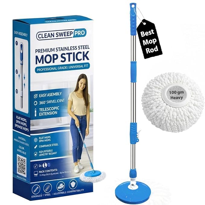 Image of Boo-BEE Spining Mop Set | 5 Year Warranty ON Side|Adjustable Heavy Duty Mop Rod for Floor Cleaning | Stainless Steel Handle & Total 1 Microfiber Refills