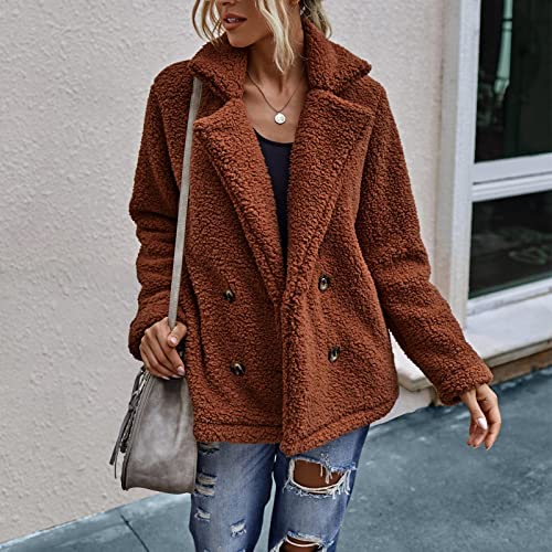 Womens Winter Jacket, Womens Lightweight Jackets Womens Winter Coat Women's Jacket Long Sleeved Winter Plush Lapel Double Button Plush Coat Pleated Trench Coats Double Breasted Peacoat Woman(Coffee,S) #TOP1