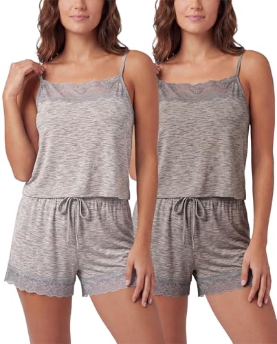Image of Real Essentials 2 Pack: Women's Lace Trim Cami and Short Set Cute Pajama PJ Sleepwear Nightwear Pajamas Sleep Soft Drawstring