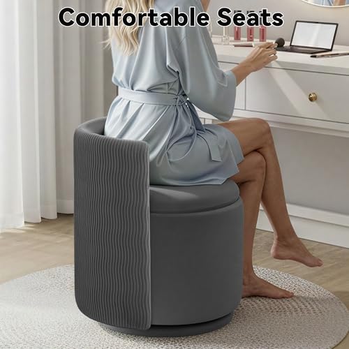 Abbrevi 360&deg; Velvet Vanity Chair with Storage, Swivel Barrel Makeup Chair, No Assembly Wave Back Vanity Stool Small Accent Chair for Living Room, Grey