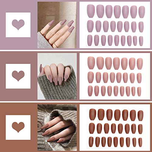 72PCS Salon Fake Nails Full Cover Matte Coffin Nails Acrylic Nails Art Tips Sets for Women, Three Colors