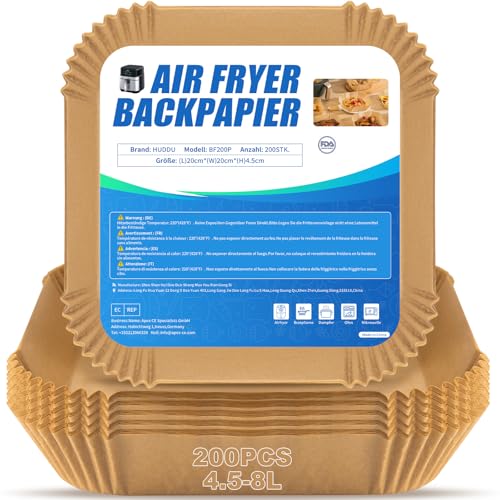 HUDDU 200PCS 4,5L-8L Backpapier für Heißluftfritteuse,20CM XXL Quadrat Airfryer Backpapier,Einwegschalen Luftfritteuse Pergamentpapier Liner Ideal für COSORI Cecotec Russell Hobbs Airfryer