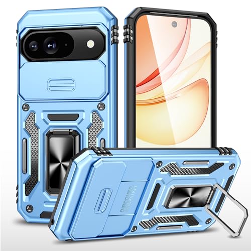 Image of Polycarbonate Slide Camera Cover with Ring Holder Mobile Phone Back Cover for Google Pixel 9 (Blue)