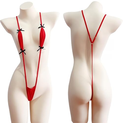 Satz von 2 Damen Sling Shots Bikini V-Ausschnitt Extreme Micro Monokini Badeanzug EIN Stück Bademode Dessous (DE/NL/SE/PL, Alphanumerisch, Einheitsgröße, Regular, Regular, Schwarz Rot)