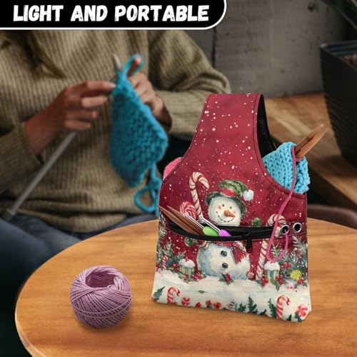 Image of KUIFORTI Snowman Candy Crochet Bag Yarn Storage Tote Christmas Knitting Bag and Totes Organizer for Crocheting on The Go Portable Size S