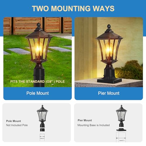 2 Pack Aluminum Outdoor Post Lights for Courtyard Lawn Driveway Entryway, Waterproof Outside Post Lamp Pole Light with 3" Pier Mount Base, Exterior Pier Mount Outdoor Lanterns Lighting