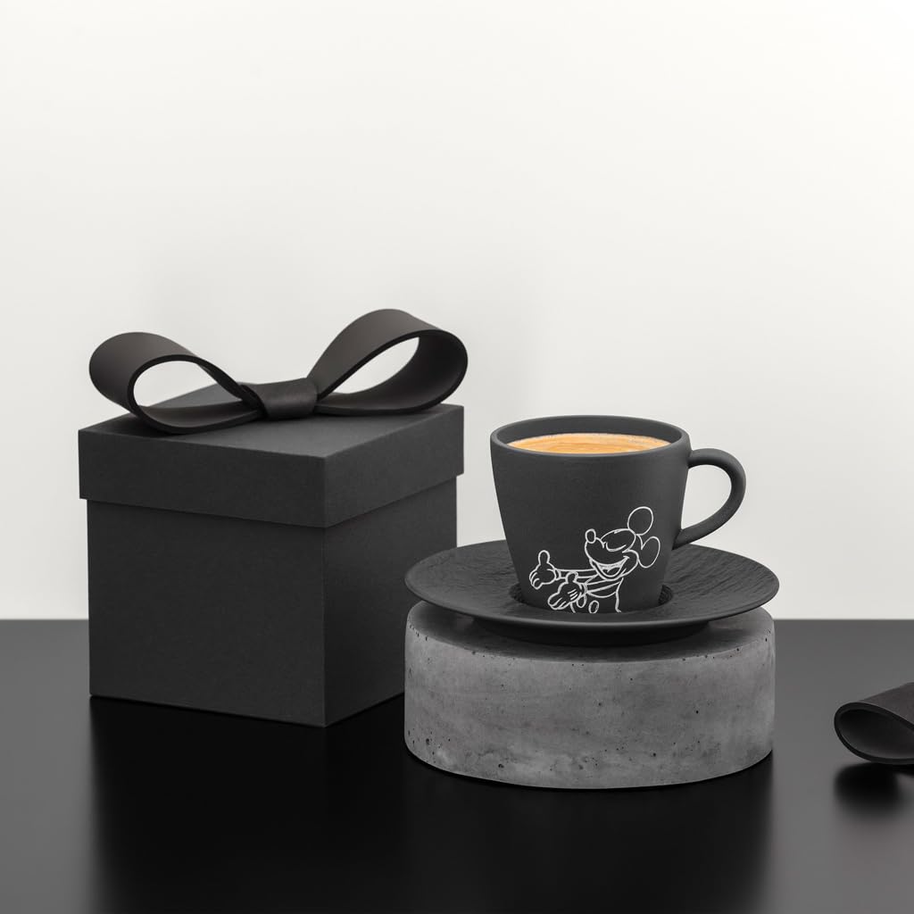 Villeroy & Boch Manufacture Rock – Mickey Mouse – spodek do filiżanki do kawy, czarny, można myć w zmywarce i używać w mikrofalówce, efekt łupku z kredowym wzorem Disney Myszki Miki