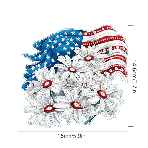 Image of AiYuanzsh Patriotic Diamond Painting Hanging Ornament, American Flag with White Daisies, DIY 5D Diamond Art Pendant Kit with Chain, Independence Day Crystal Suncatcher Home Decoration Craft