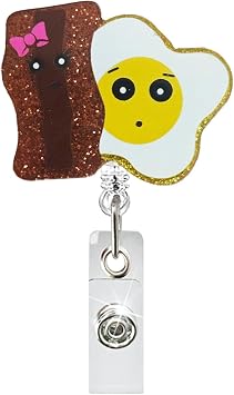 Funny Bacon and Eggs Badge Reel, Cute Food Retractable ID Badge Holder Clip with 360 Rotating Carabiner, Nurse RN LPN CNA MA Medical Student Accessories